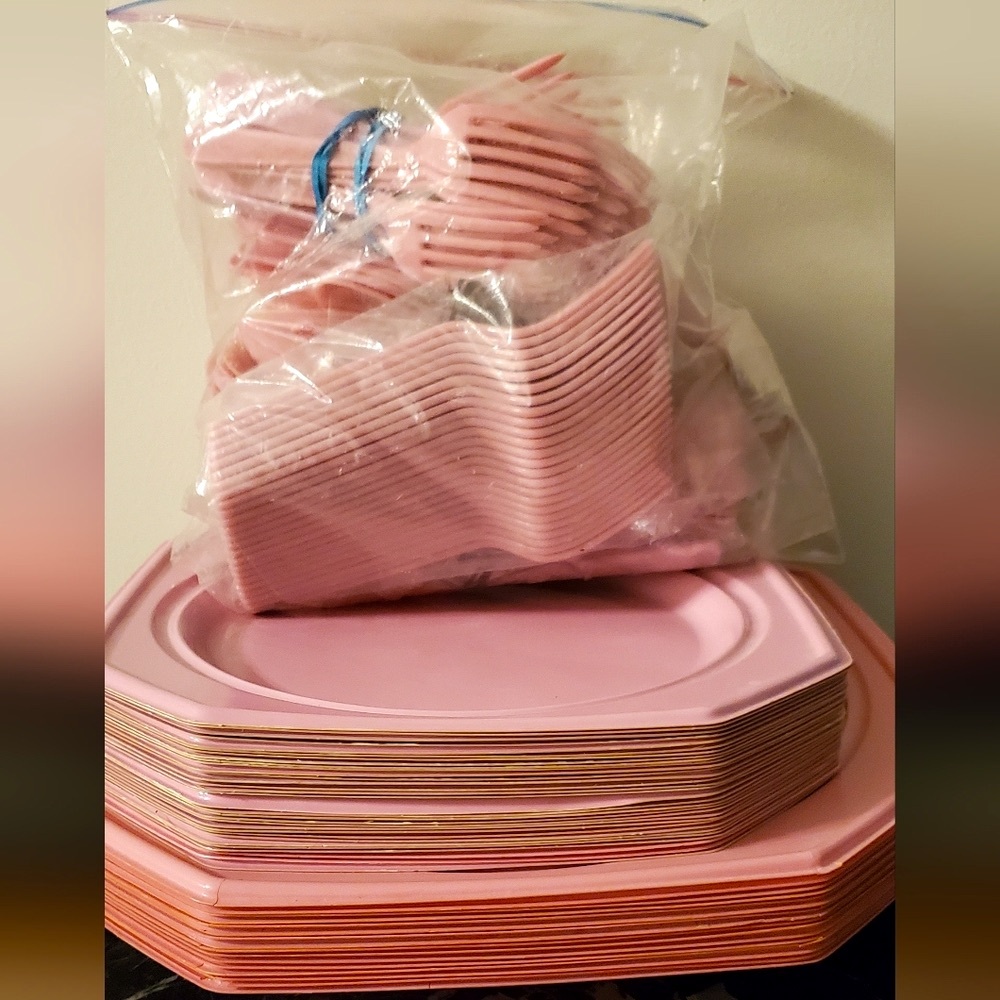 46 Pink Plates With Tons Of Pink Silverware (many still factory sealed)!